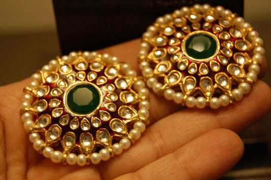 RED MEENA EARRINGS WITH KUNDAN & GREEN STONES