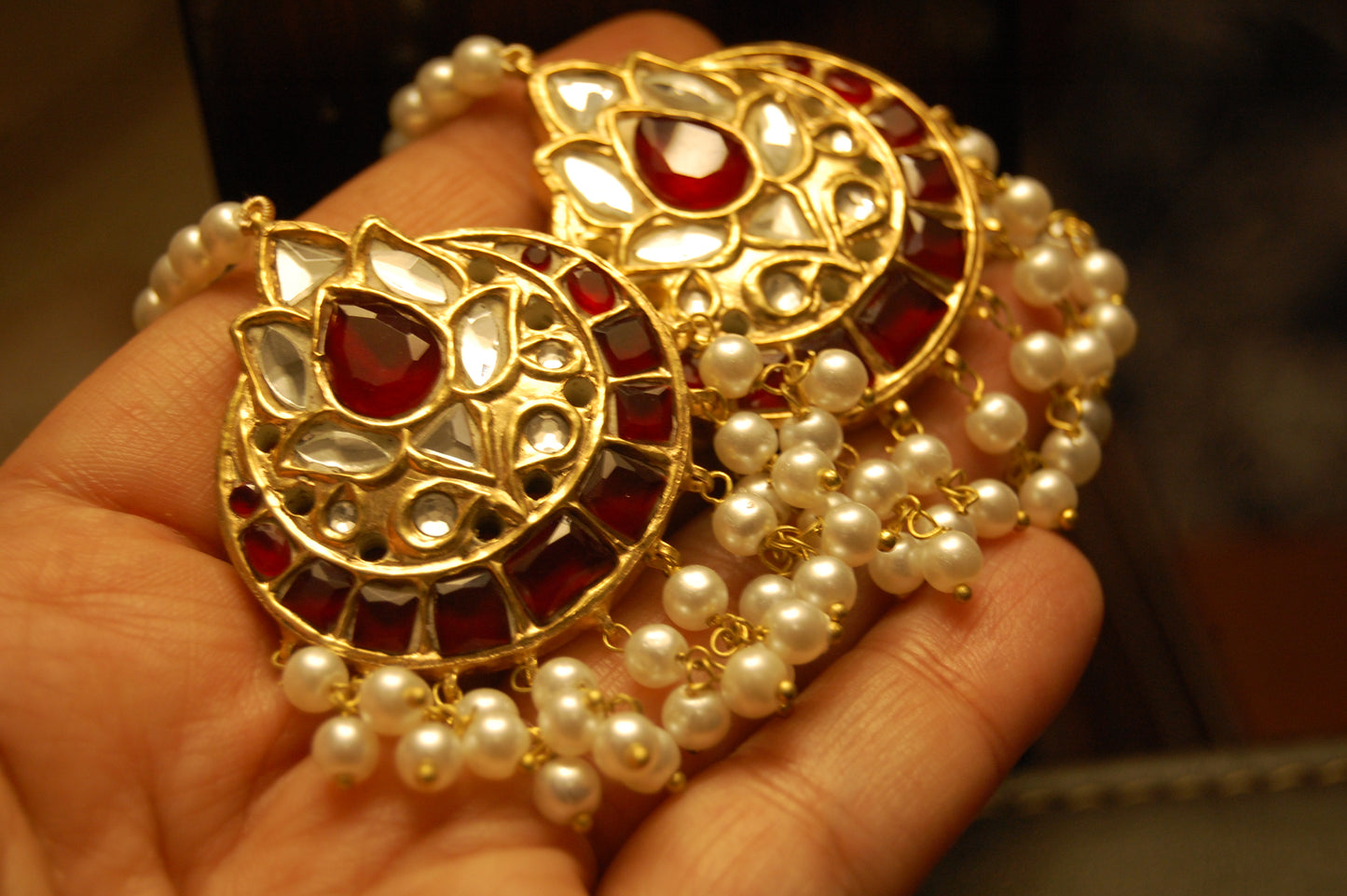 RED KUNDAN & PEARLS EARRINGS