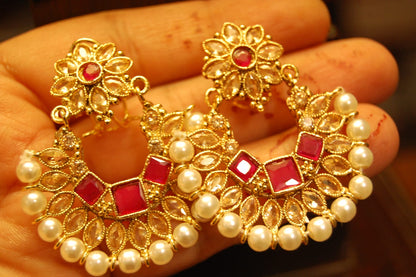 CHAAND BALIS IN PEARLS, RED & CHAMPAGNE