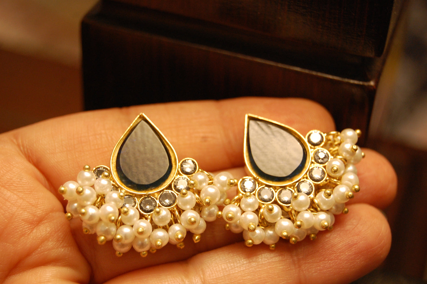 BLUE, KUNDAN & PEARL EARRINGS