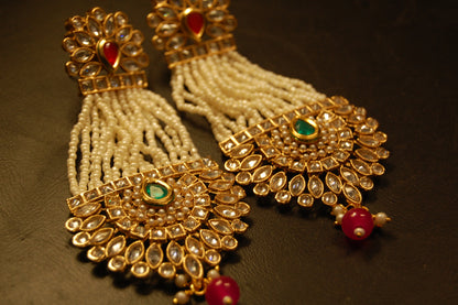 JHOOMAR STYLE EARRINGS IN KUNDAN, PEARLS, RED & GREEN