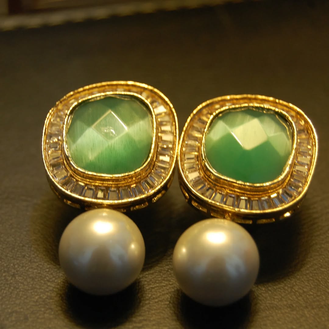 JADE GREEN, ZIRCON & PEARL EARRINGS