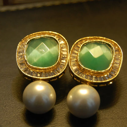 JADE GREEN, ZIRCON & PEARL EARRINGS