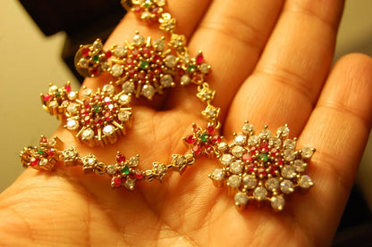SOUTH INDIAN NECKLACE SET IN RED, GREEN & ZIRCON