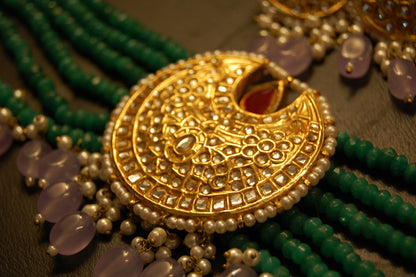 ELEGANT GREEN & KUNDAN CHOKER SET WITH LILAC DROPS & RED STONES
