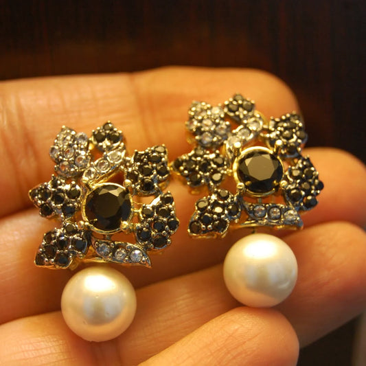 BLACK, ZIRCON & PEARL EARRINGS