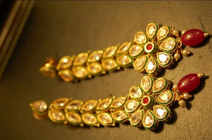 LONG KUNDAN FLORAL EARRINGS WITH RED