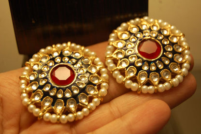 BLUE MEENA EARRINGS WITH KUNDAN & RED STONES