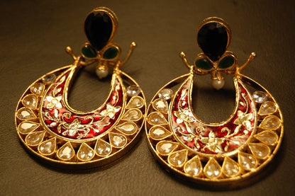 RED MEENA & KUNDAN EARRINGS WITH BLUE,GREEN