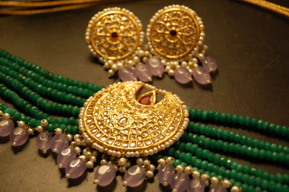 ELEGANT GREEN & KUNDAN CHOKER SET WITH LILAC DROPS & RED STONES