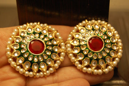 GREEN MEENA EARRINGS WITH KUNDAN & RED STONES