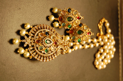 INDIAN MULTI JEWELLED PENDENT IN PEARL STRING