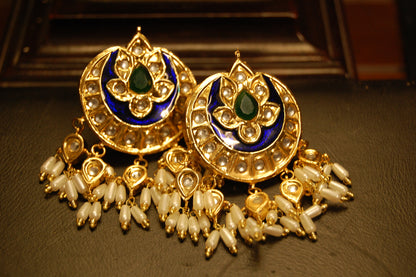 BLUE MEENA & GREEN STONE  EARRINGS WITH PEARLS