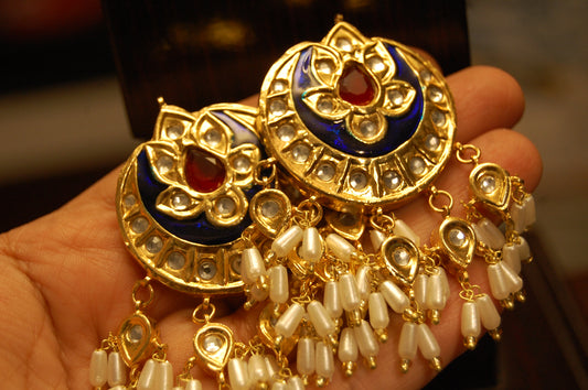 BLUE MEENA & RED STONE  EARRINGS WITH PEARLS