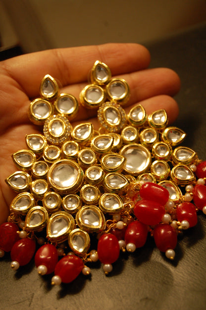 INDIAN POLKI KUNDAN EARRINGS WITH RED
