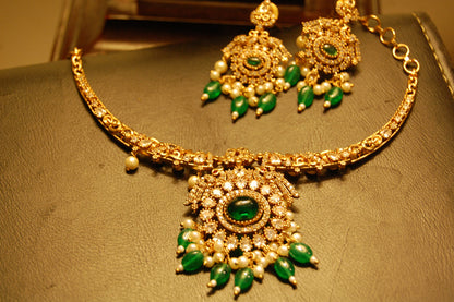 SOUTH INDIAN NECKLACE SET IN GREEN & ZIRCON