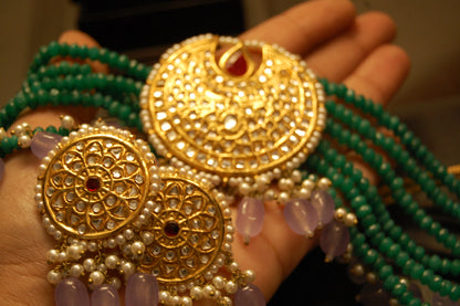 ELEGANT GREEN & KUNDAN CHOKER SET WITH LILAC DROPS & RED STONES