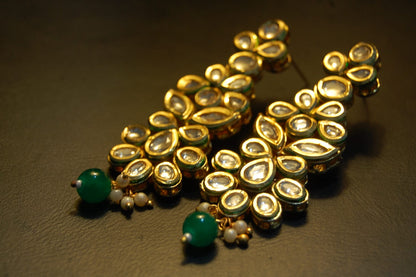 INDIAN POLKI KUNDAN EARRINGS WITH GREEN
