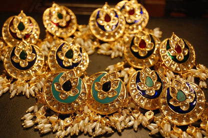 BLUE MEENA & RED STONE  EARRINGS WITH PEARLS