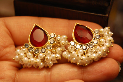 RED KUNDAN & PEARL EARRINGS
