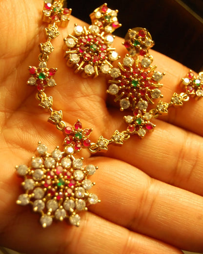 SOUTH INDIAN NECKLACE SET IN RED, GREEN & ZIRCON