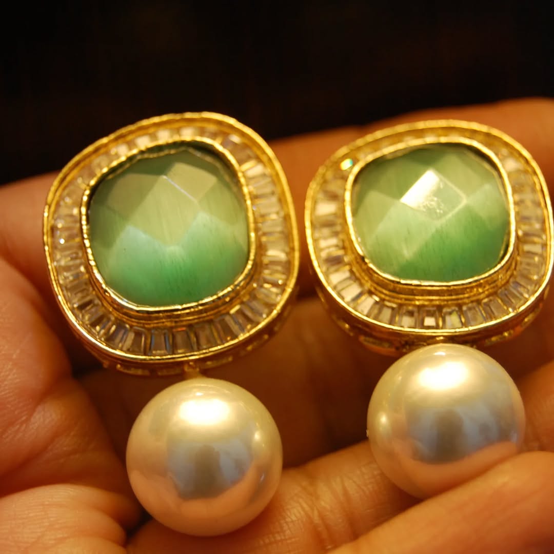 JADE GREEN, ZIRCON & PEARL EARRINGS
