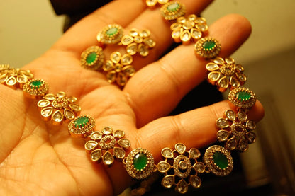 SOUTH INDIAN NECKLACE SET IN GREEN & ZIRCON