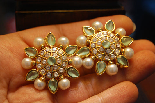 JADE GREEN, ZIRCON WITH PEARLS EARRINGS