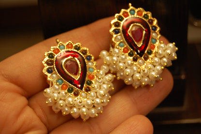 MULTI STONE EARRINGS WITH RED MEENA