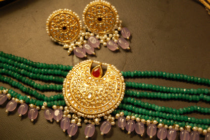 ELEGANT GREEN & KUNDAN CHOKER SET WITH LILAC DROPS & RED STONES