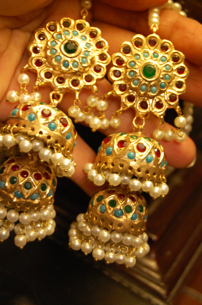 MULTI STONE TWO LAYERED JHUMKAS