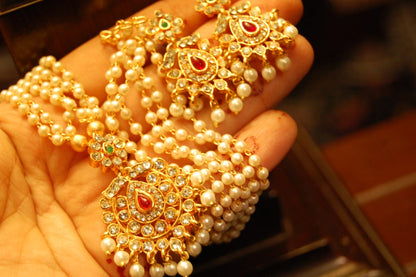SOUTH INDIAN PEARL NECKLACE SET IN RED, GREEN & ZIRCON
