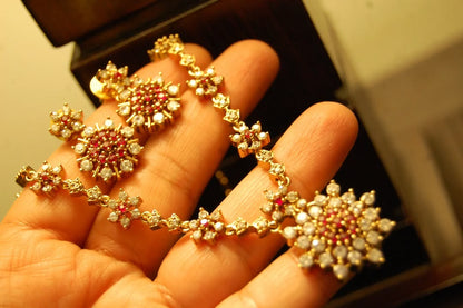 SOUTH INDIAN NECKLACE SET IN RED & ZIRCON