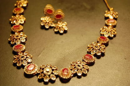 SOUTH INDIAN NECKLACE SET IN RED & ZIRCON