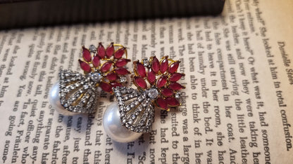 PEARL EARRINGS WITH RED STONES