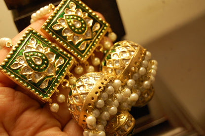 MALA & JHUMKA SET IN KUNDAN WITH GREEN MEENA