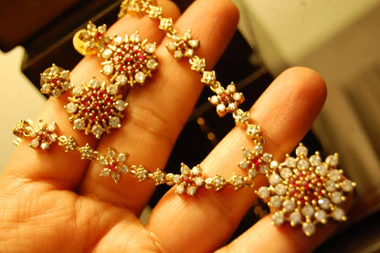 SOUTH INDIAN NECKLACE SET IN RED & ZIRCON