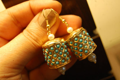 GORGEOUS DHOLKI EARRINGS IN FEROZI STONES