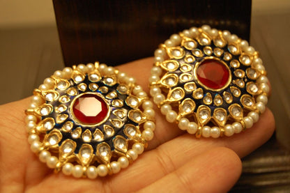 BLUE MEENA EARRINGS WITH KUNDAN & RED STONES