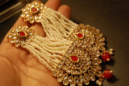JHOOMAR STYLE EARRINGS IN KUNDAN & PEARLS & RED