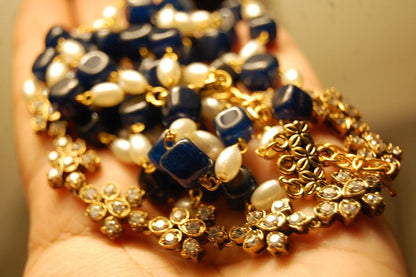PEARL & BLUE MALA WITH ZIRCON STRING