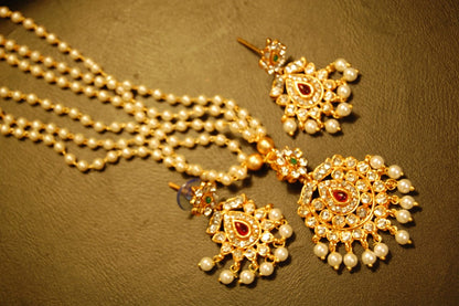 SOUTH INDIAN PEARL NECKLACE SET IN RED, GREEN & ZIRCON