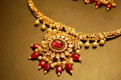 SOUTH INDIAN NECKLACE SET IN RED & ZIRCON
