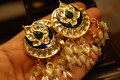 BLUE MEENA & GREEN STONE  EARRINGS WITH PEARLS