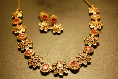 SOUTH INDIAN NECKLACE SET IN RED & ZIRCON