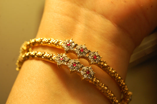 PAIR OF ELEGANT FLORAL RED & ZIRCON BANGLE