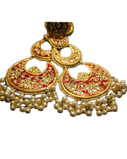 LONG KUNDAN & RED MEENA EARRINGS