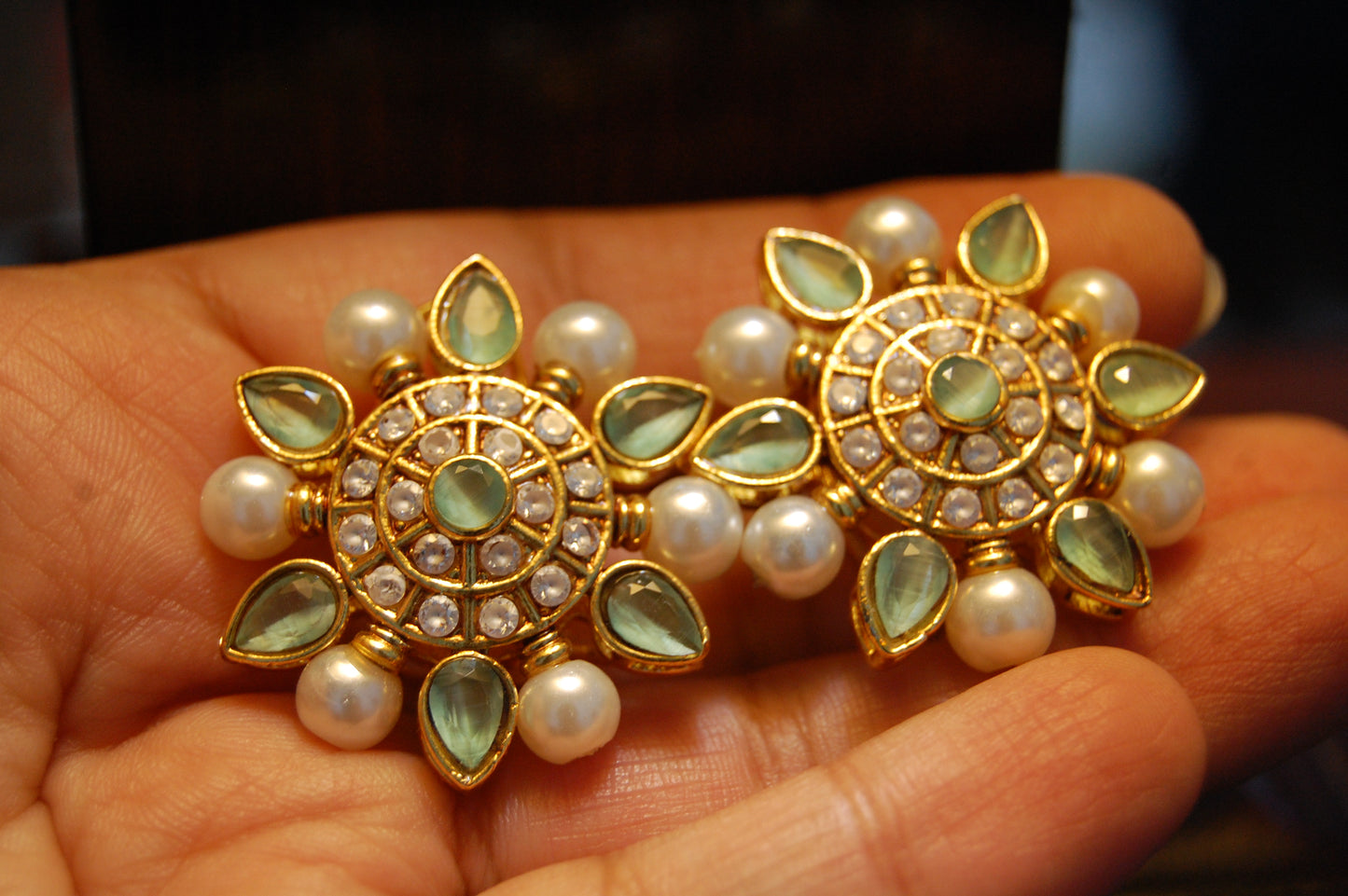 JADE GREEN, ZIRCON WITH PEARLS EARRINGS