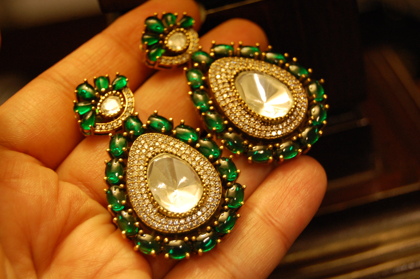 GREEN POLKI KUNDAN EARRINGS