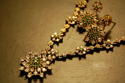 SOUTH INDIAN NECKLACE SET IN GREEN & ZIRCON